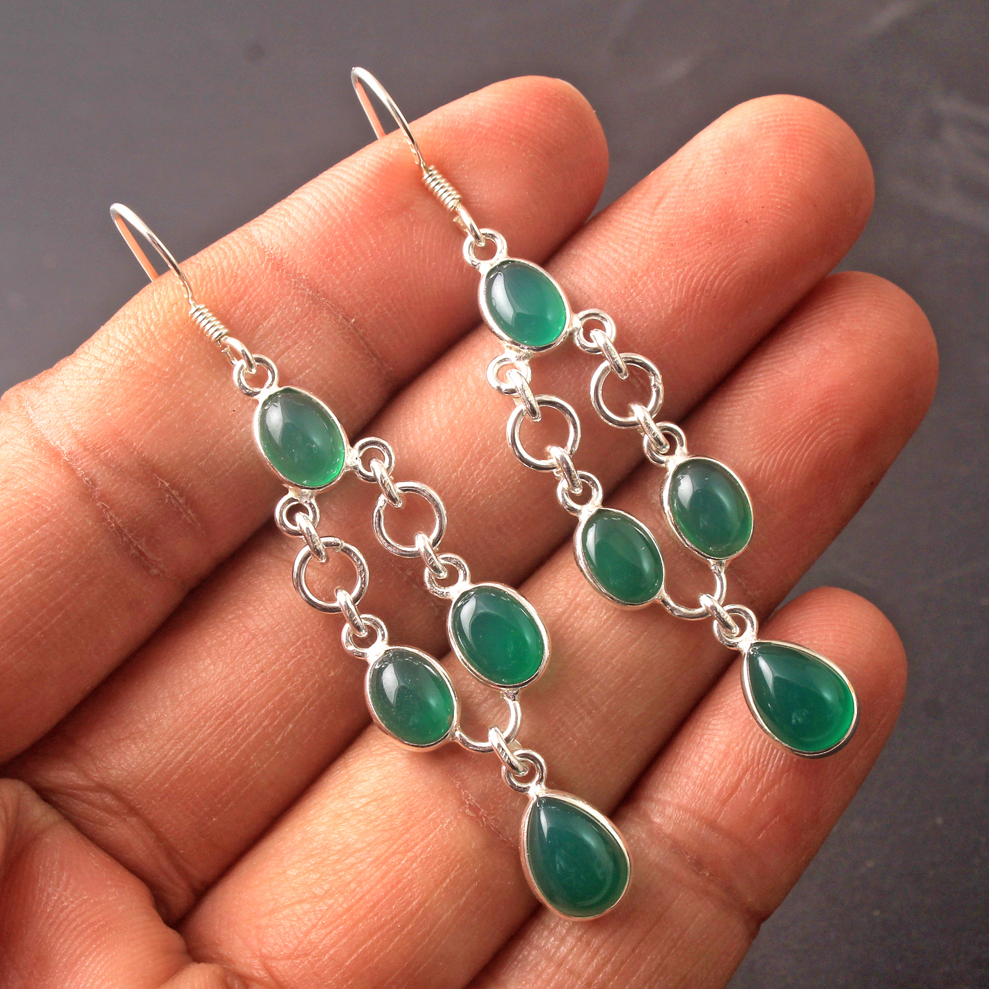 Bezel Setting Green Onyx Earring Oval Gemstone Pear Gemstone