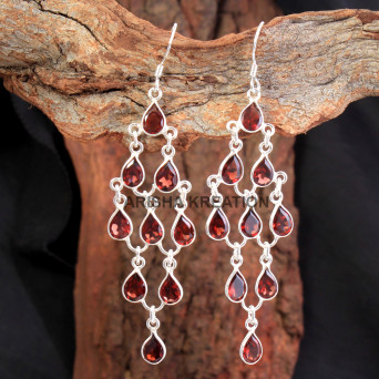 Red Garnet Earring, Silver Jewelry, Handmade Earring, Chandelier Earring