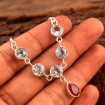 Blue Topaz Ruby Gemstone 925 Sterling Silver Jewelry Handmade Necklace