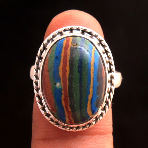 Astounding Rainbow Calsilica Gemstone 925 Sterling Silver Handmade Ring All Size